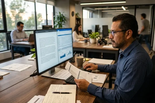 Auditor profesional revisando contenido generado por inteligencia artificial