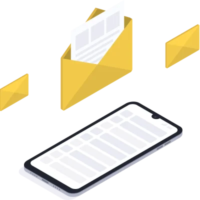 Ilustración isométrica de un sobre y un celular como medios de contacto